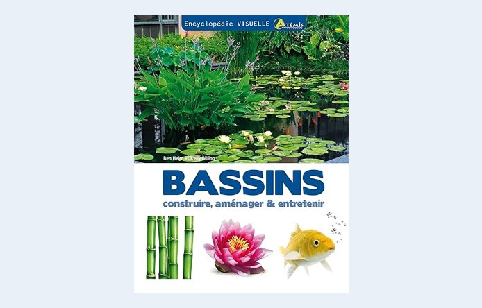 Book cover titled 'BASSINS' with images of water lilies and a goldfish in a pond setting.