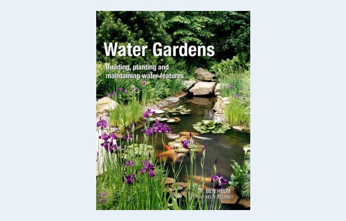 Book cover titled 'Water Gardens' with images of water features and plants in a garden setting.