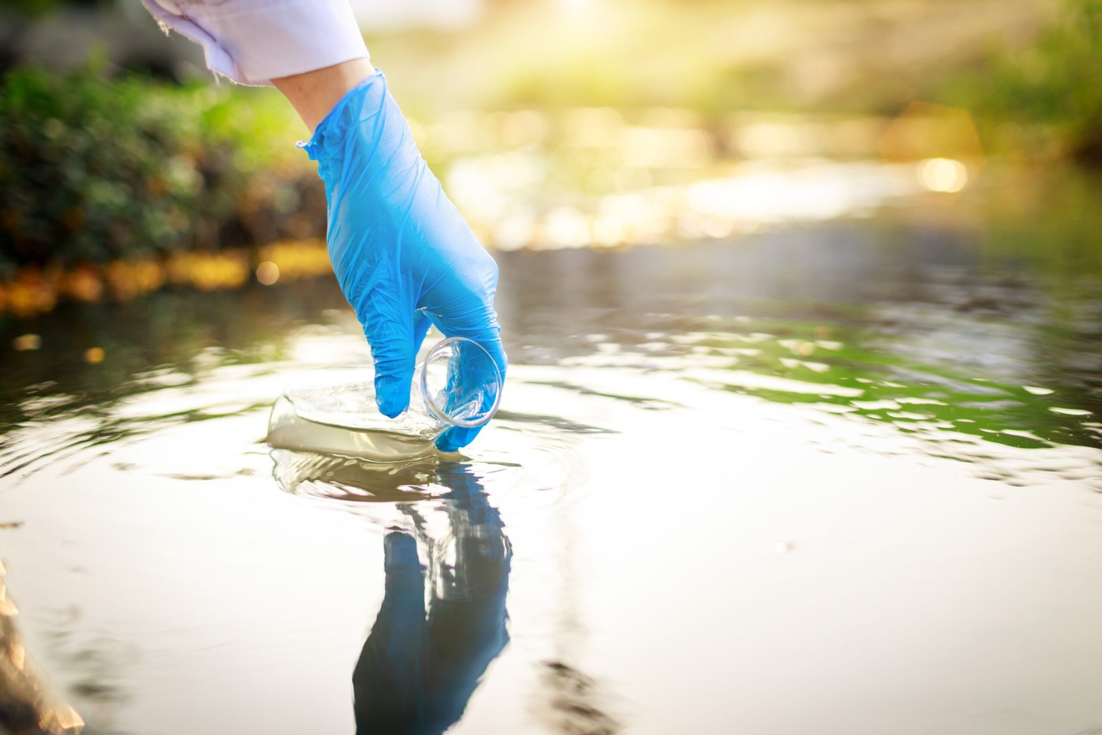 A hand wearing a blue glove collecting a water sample in a clear container from a stream.