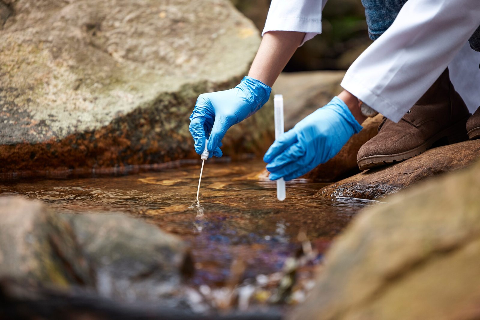 Individual in gloves collecting a water sample from a stream using a test tube and a stick.