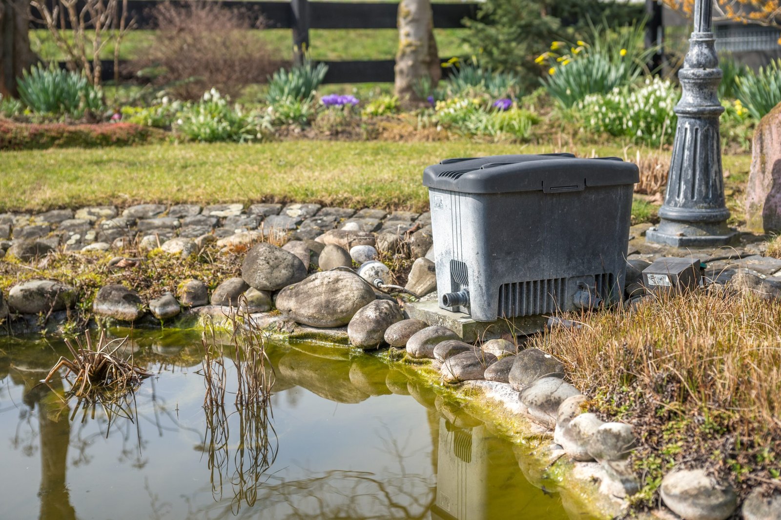 Pond pump unit positioned beside a water garden with visible stones and aquatic plants.