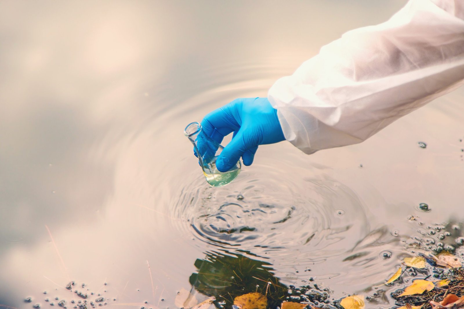 Hand in blue glove holding a glass vial submerged in water with ripples and leaves visible.