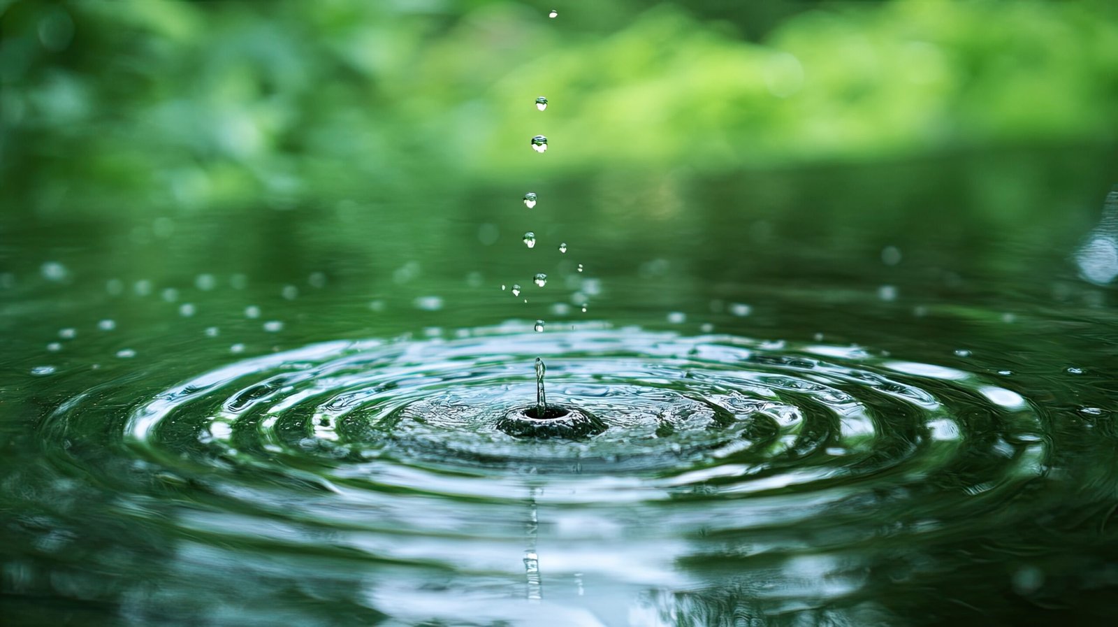 Water droplets falling into a pond, creating concentric ripples on the water surface.