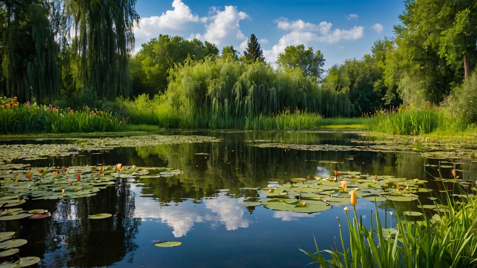 A serene water lily pond with green foliage and reflections of clouds in the water.
