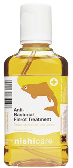 Bottle of anti-bacterial finrot treatment for fish, featuring a yellow liquid and a fish graphic on the label.
