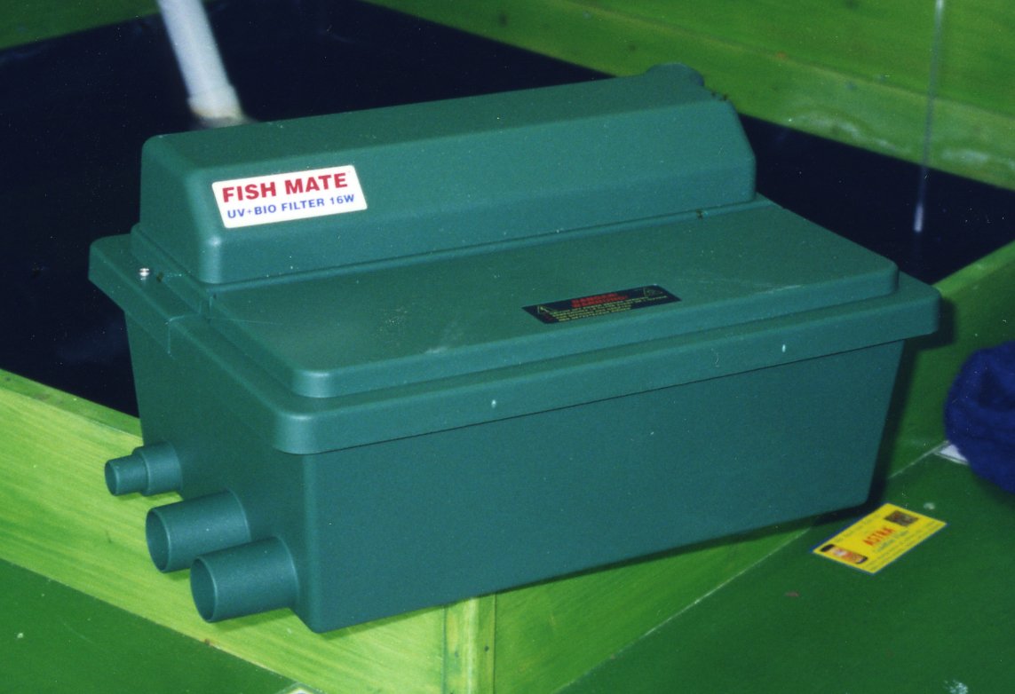 Fish Mate UV-Bio filter with multiple outlet pipes and a green casing for water filtration.