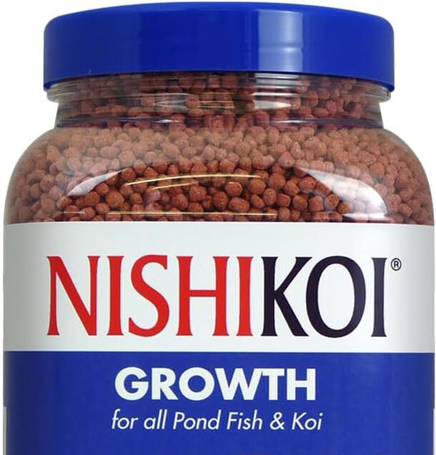 Nishikoi Growth fish food for pond fish and koi in a 1250g container with a red and white koi illustration.