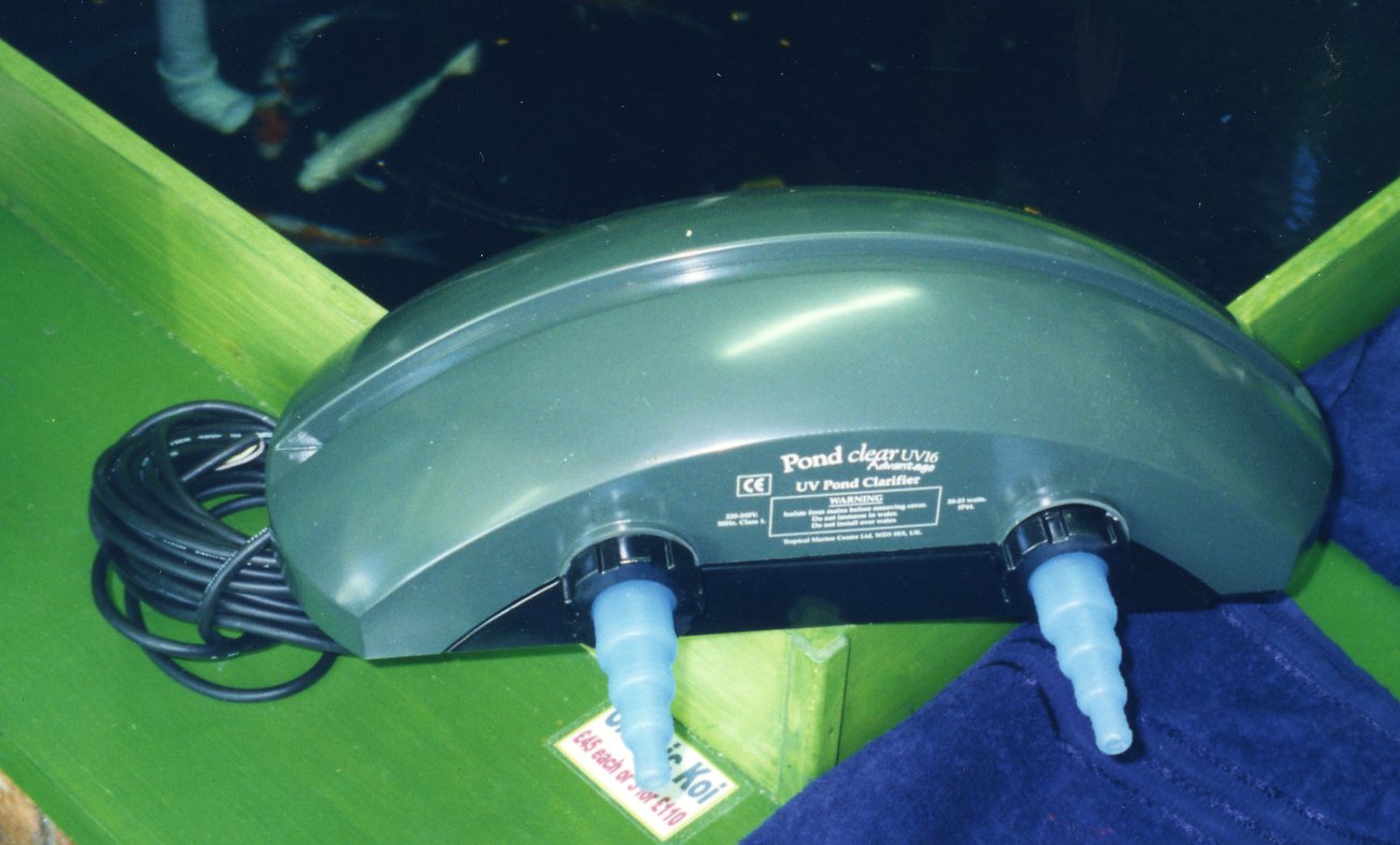 Pond UV clarifier unit with two outlet hoses, designed for water treatment in garden ponds.
