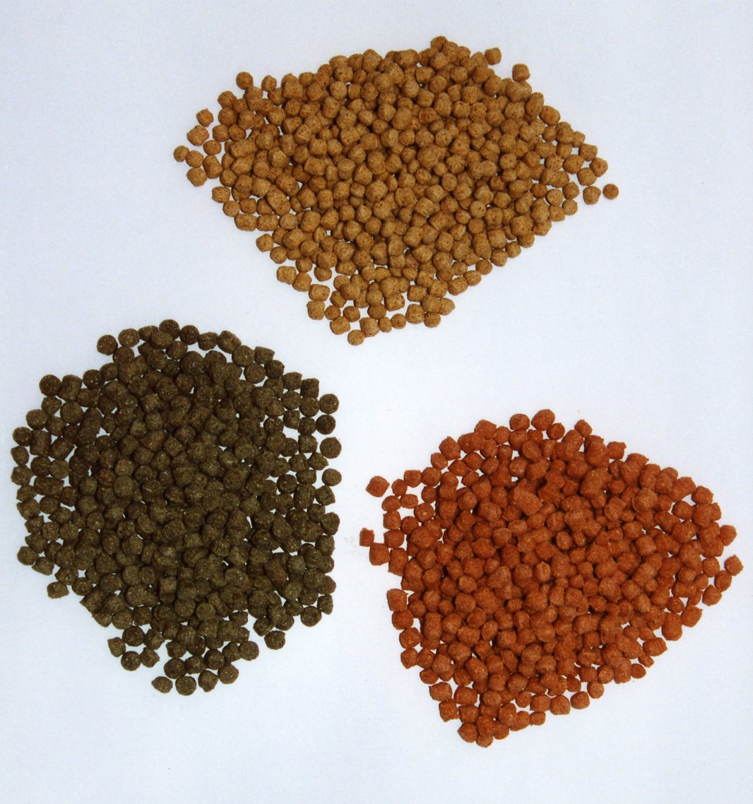 Three distinct piles of fish food pellets in brown, green, and orange colours arranged in a diamond shape.