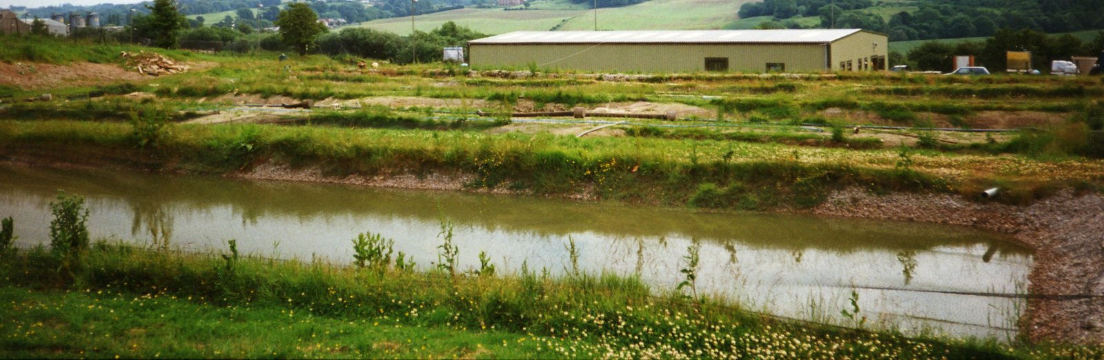 A koi fish farm with a pond surrounded by grass and a building in the background.