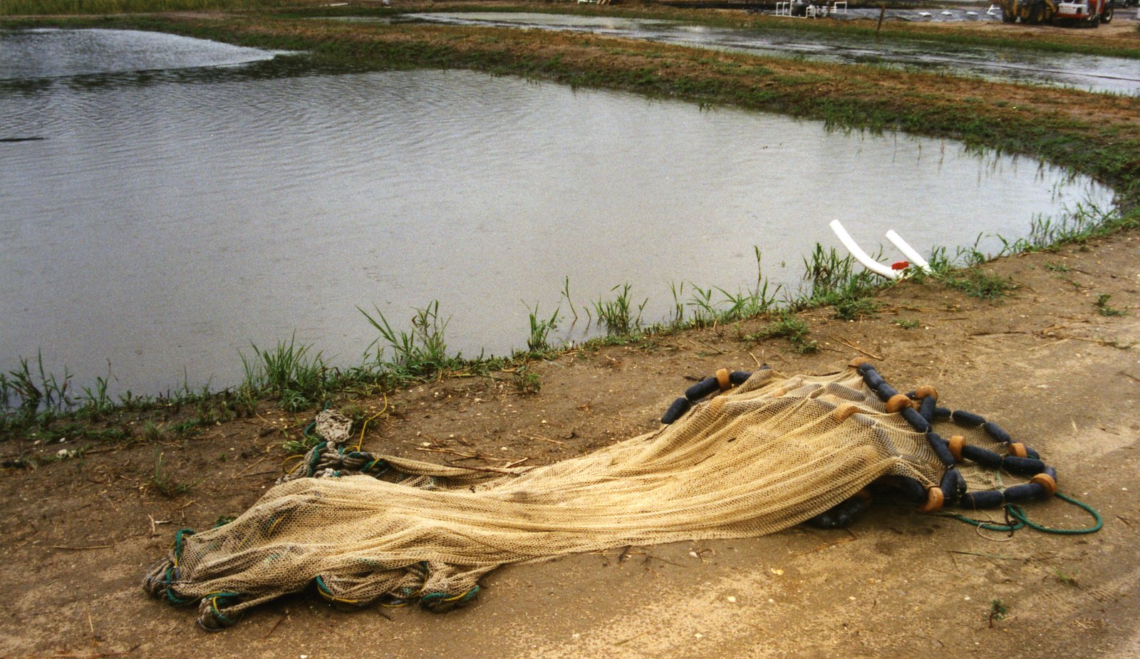 Seine net laid out on the ground beside a pond with water and grass in the background.