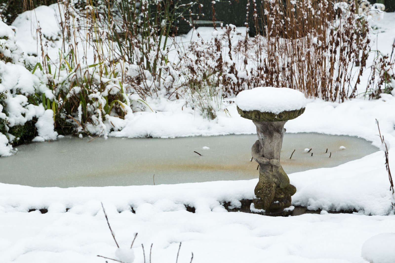 Birdbath covered in snow with a frozen pond in a garden setting during winter.