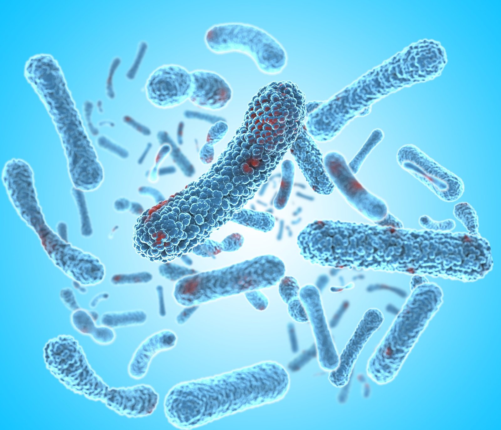 3D rendering of various bacteria in a microscopic view with a blue background.
