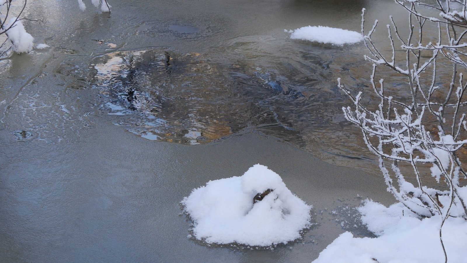 A frozen pond with patches of snow and partially melted areas, surrounded by bare branches.